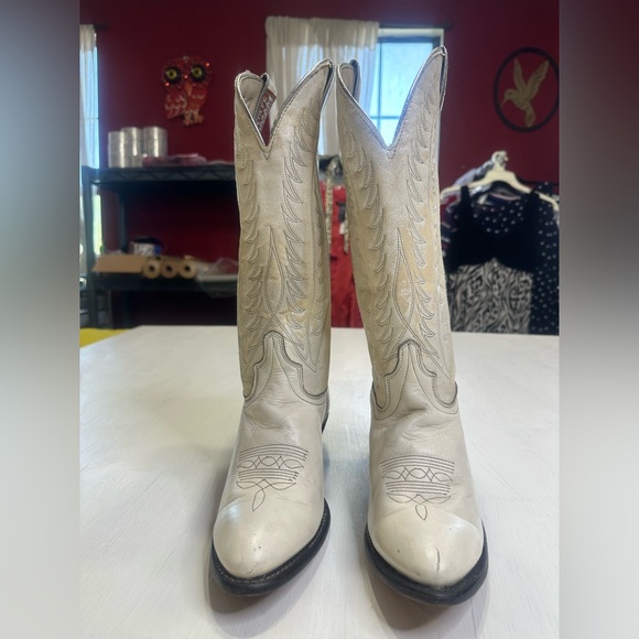 Vintage 90s Santa Fe Boot Co Cream Western Boots Womens 8.5 USA Leather - Picture 3 of 15